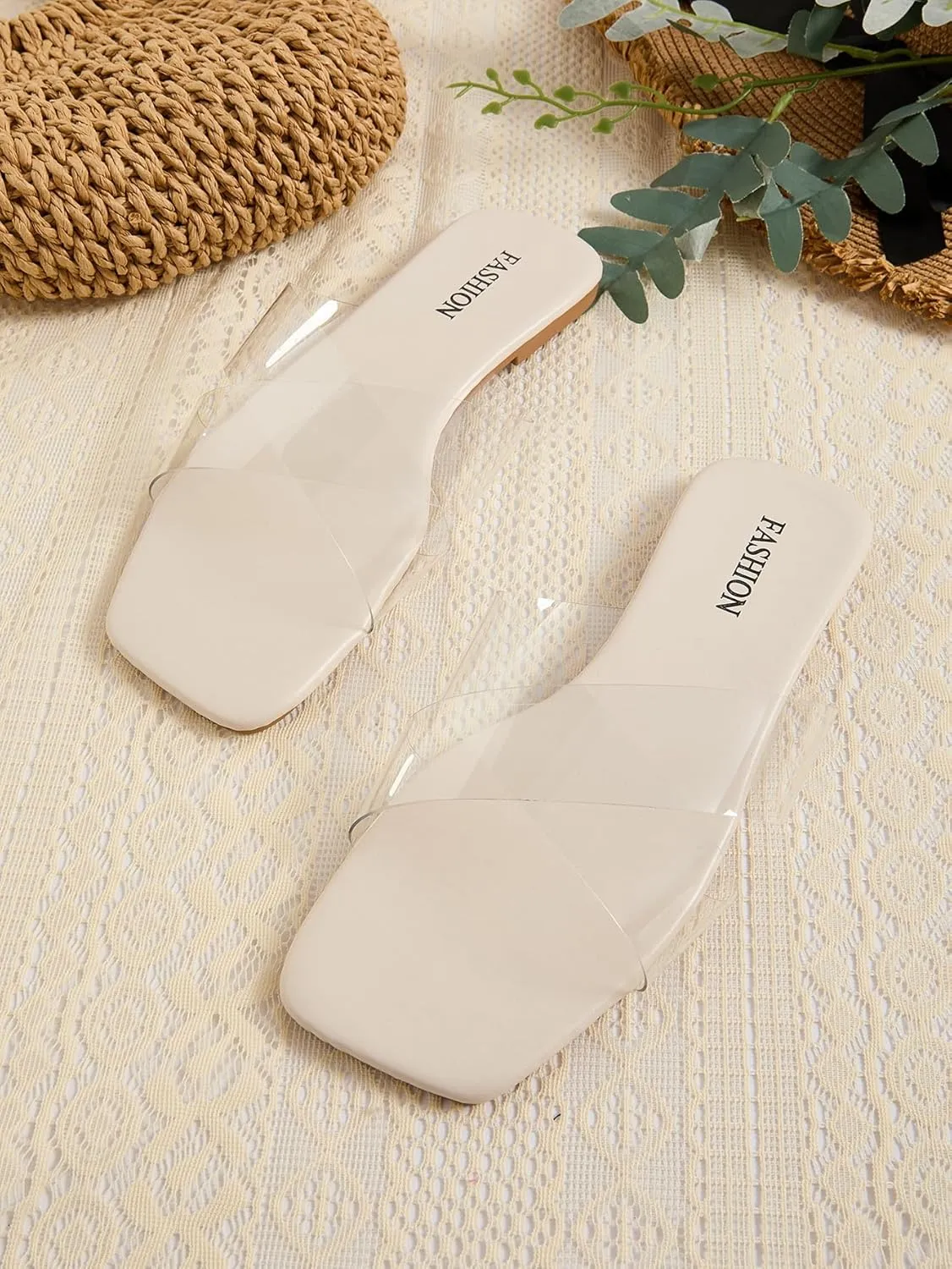 GORGLITTER Women's Clear Sandals Cross Stappy Flat Sandals Dressy Slip On Slide Shoes