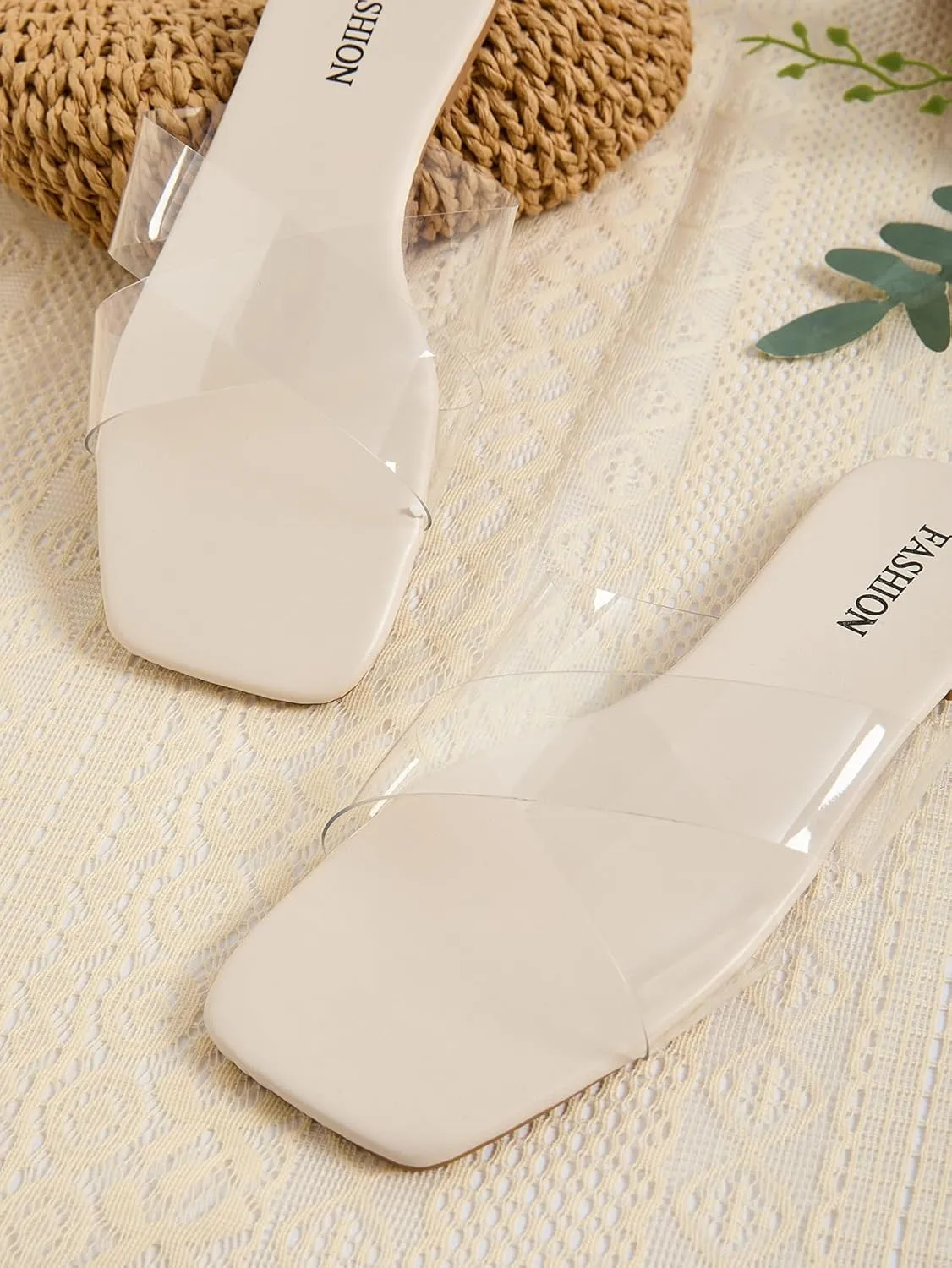 GORGLITTER Women's Clear Sandals Cross Stappy Flat Sandals Dressy Slip On Slide Shoes