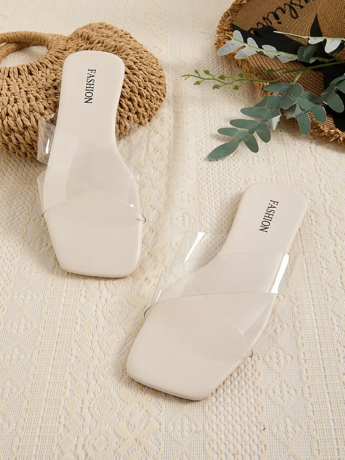 GORGLITTER Women's Clear Sandals Cross Stappy Flat Sandals Dressy Slip On Slide Shoes