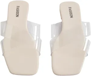 GORGLITTER Women's Clear Sandals Cross Stappy Flat Sandals Dressy Slip On Slide Shoes