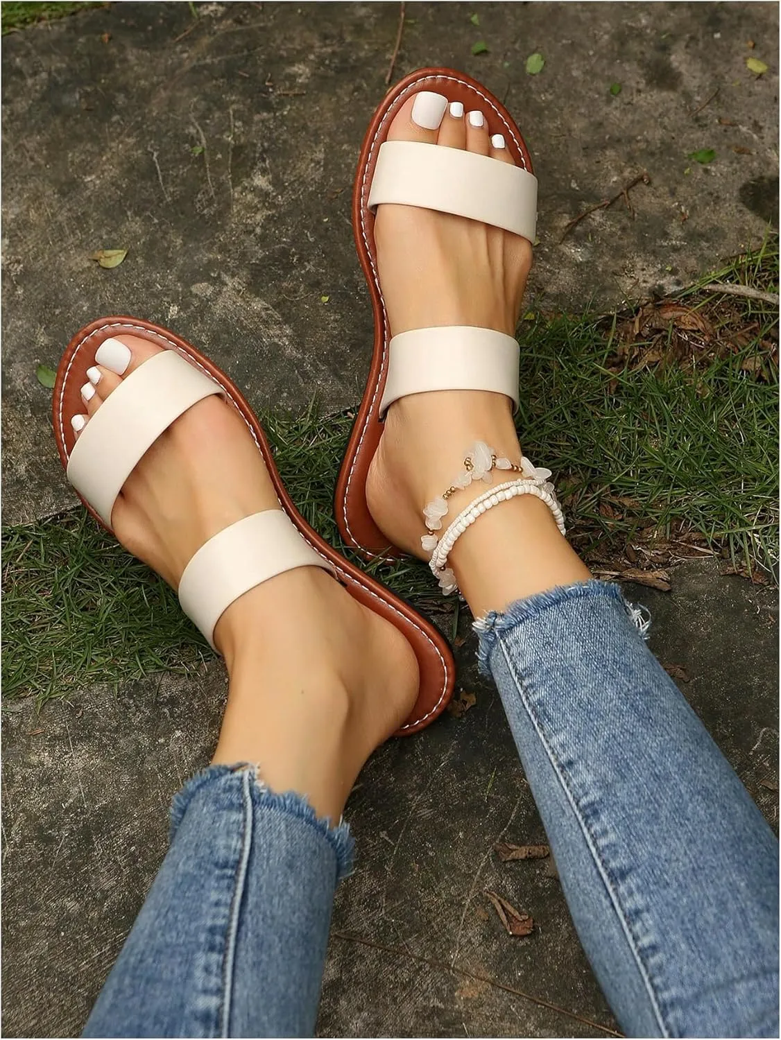 GORGLITTER Women's Crisscross Bridal Dressy Sandals Leather Open Toe Cute Slide Flat Sandals