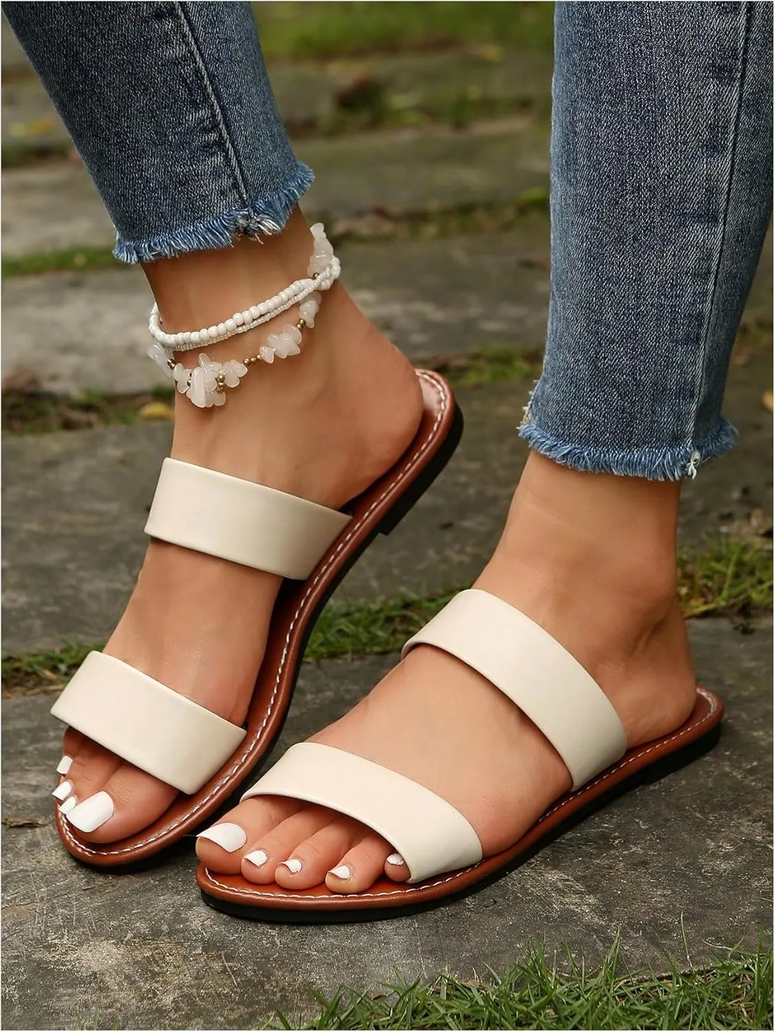 GORGLITTER Women's Crisscross Bridal Dressy Sandals Leather Open Toe Cute Slide Flat Sandals
