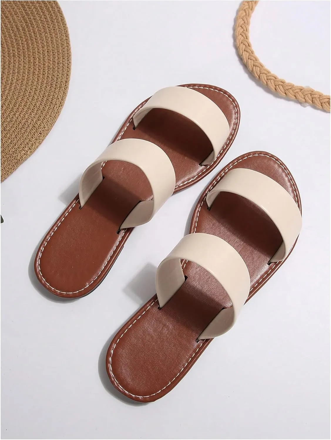 GORGLITTER Women's Crisscross Bridal Dressy Sandals Leather Open Toe Cute Slide Flat Sandals