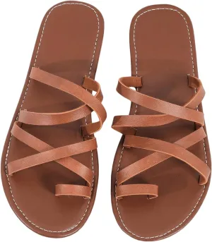 GORGLITTER Women's Cross Strappy Leather Flats Sandal Cute Dressy Toe Ring Open Toe Slip on Slide Sandals