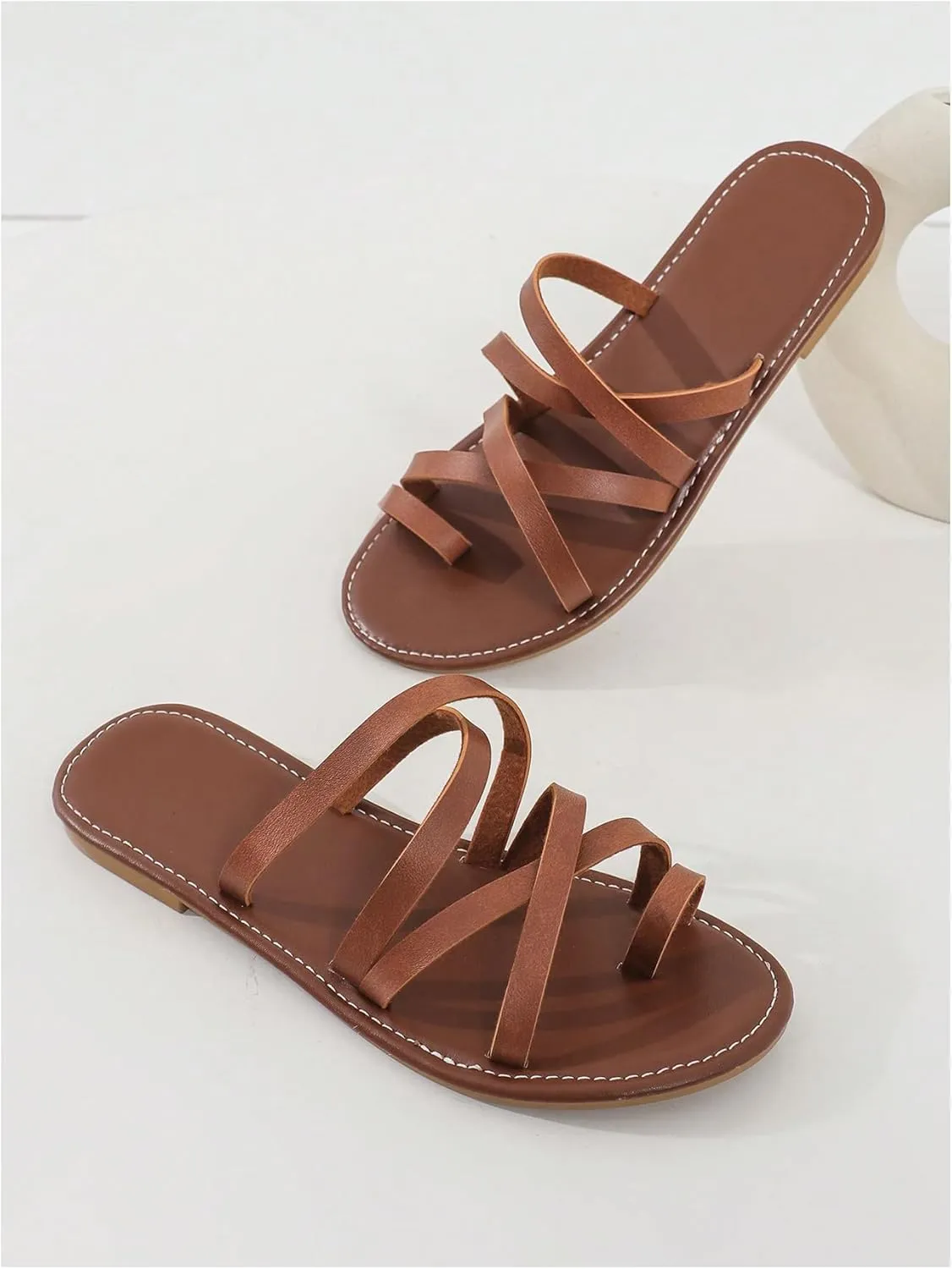 GORGLITTER Women's Cross Strappy Leather Flats Sandal Cute Dressy Toe Ring Open Toe Slip on Slide Sandals
