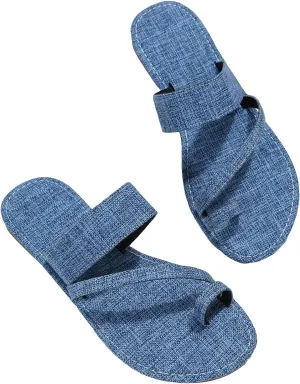 GORGLITTER Women's Denim Jean Sandals Cute Dressy Toe Ring Strappy Slip on Slide Flats Sandal