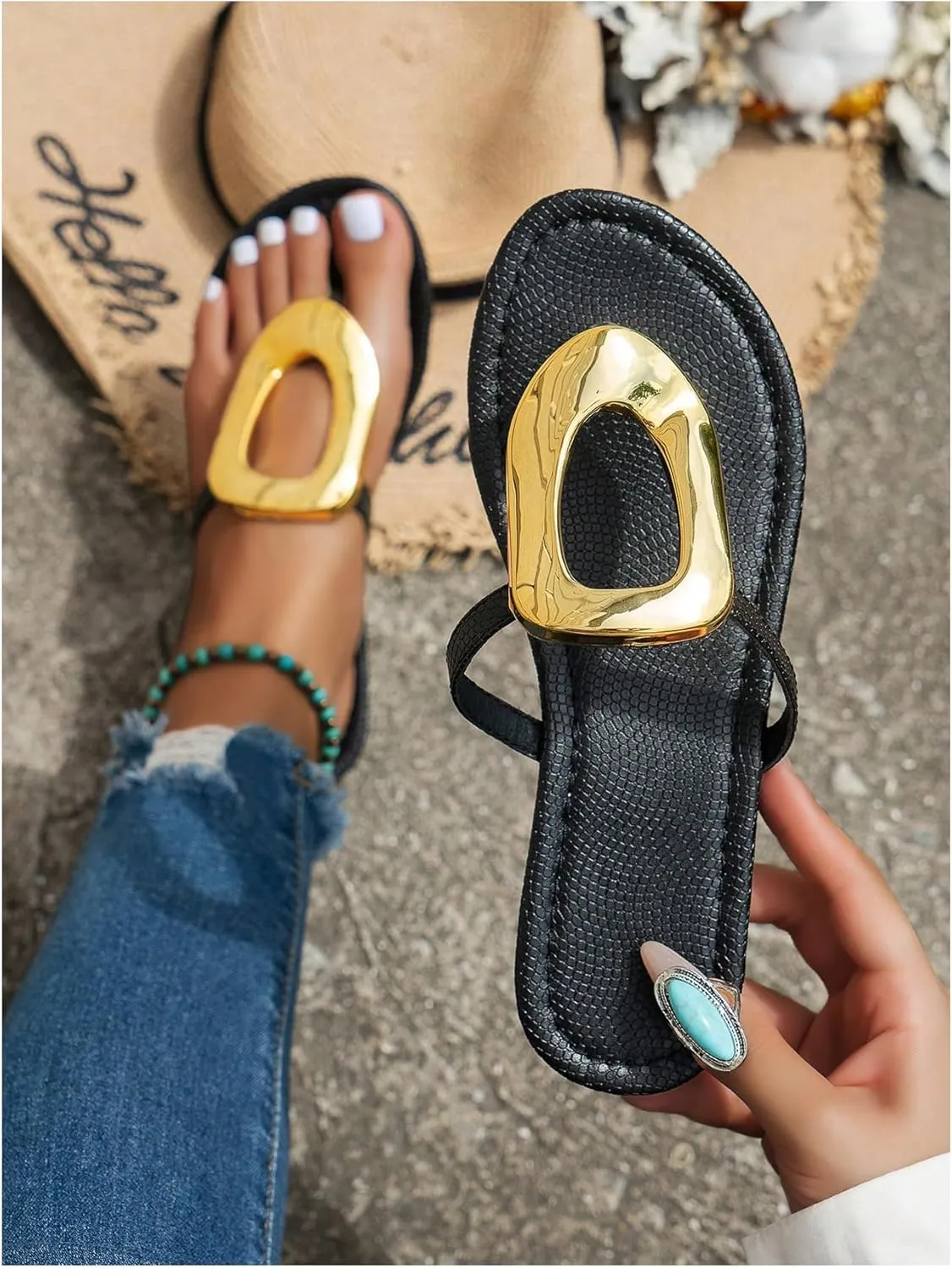 GORGLITTER Women's Gold Flip Flops Thong Flat Sandals 2025 Dressy Summer Vacation Open Toe Slides