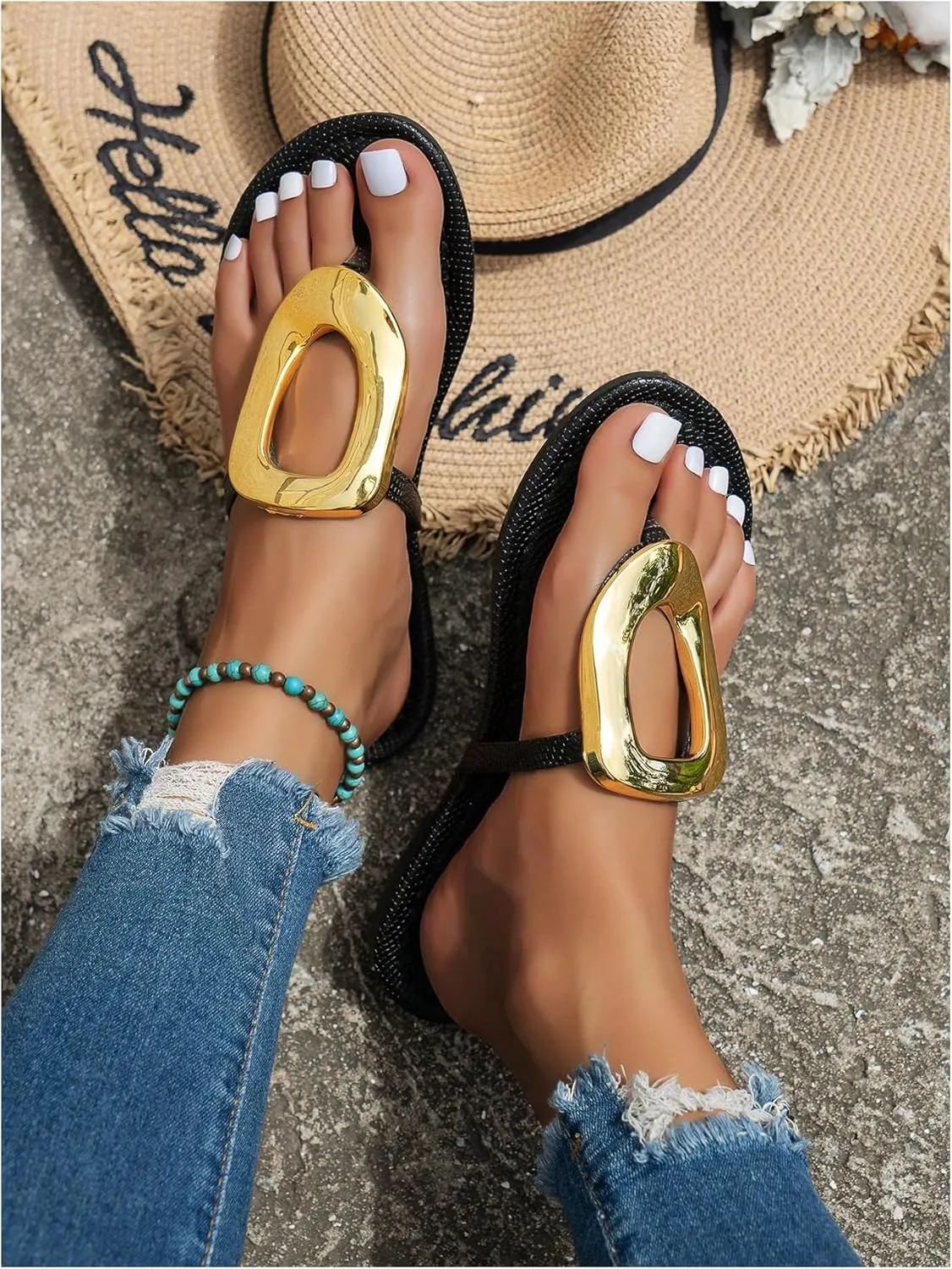 GORGLITTER Women's Gold Flip Flops Thong Flat Sandals 2025 Dressy Summer Vacation Open Toe Slides