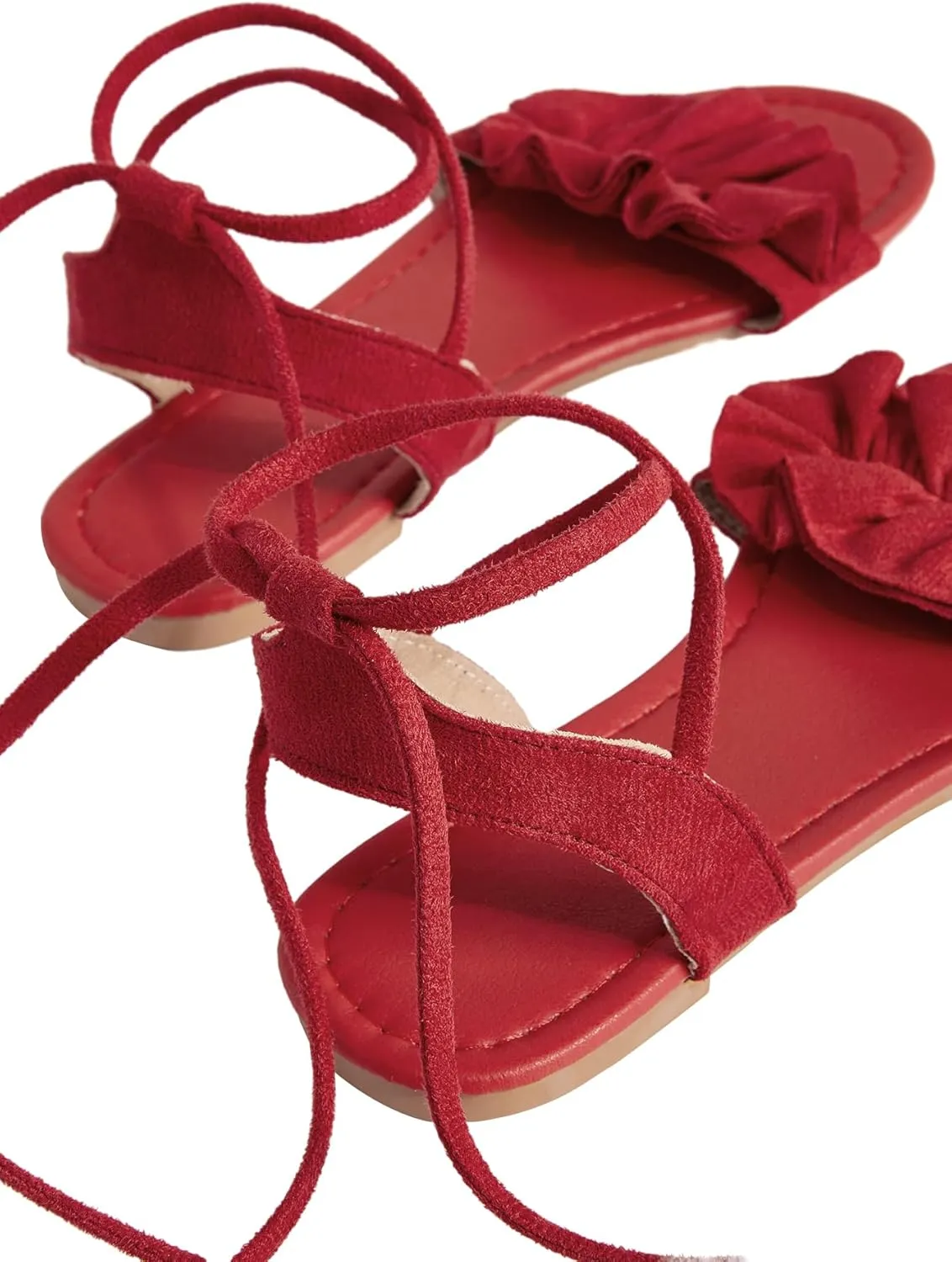 GORGLITTER Women's Lace Up Gladiator Sandals Ruffle Trim Strappy Flat Sandals Casual Tie Up Ankle Strap Sandals