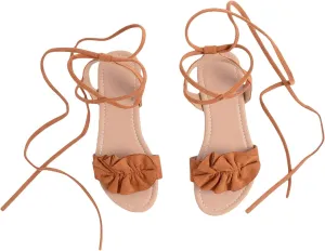 GORGLITTER Women's Lace Up Gladiator Sandals Ruffle Trim Strappy Flat Sandals Casual Tie Up Ankle Strap Sandals