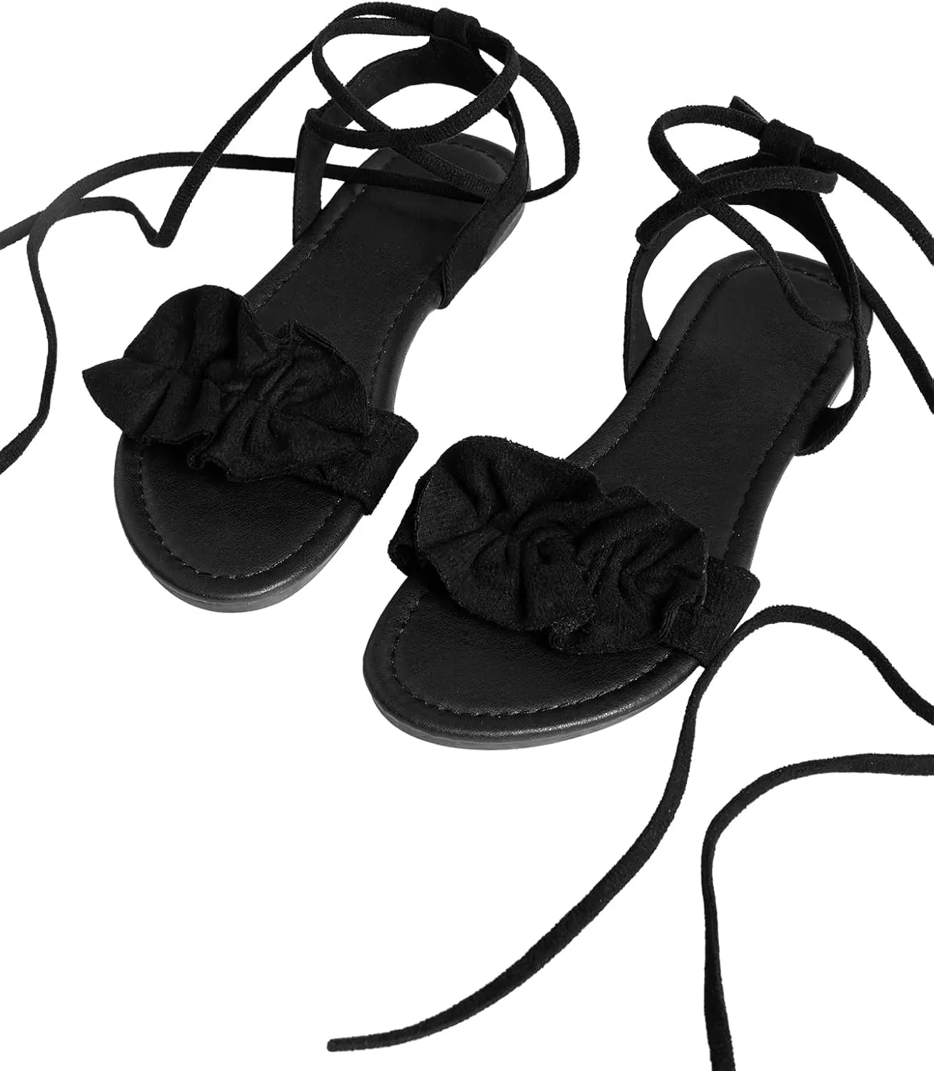 GORGLITTER Women's Lace Up Gladiator Sandals Ruffle Trim Strappy Flat Sandals Casual Tie Up Ankle Strap Sandals