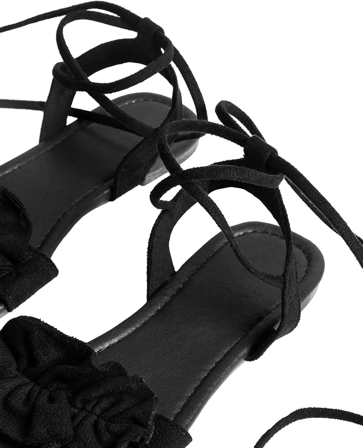 GORGLITTER Women's Lace Up Gladiator Sandals Ruffle Trim Strappy Flat Sandals Casual Tie Up Ankle Strap Sandals