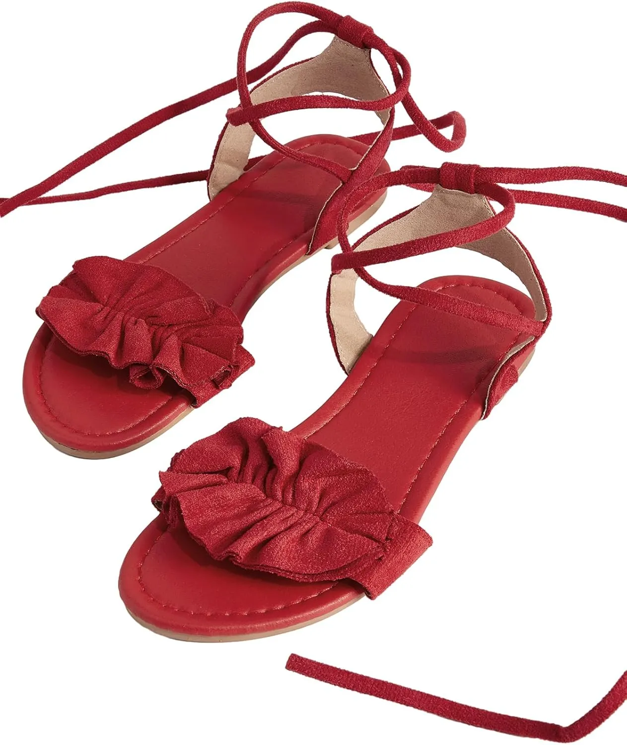 GORGLITTER Women's Lace Up Gladiator Sandals Ruffle Trim Strappy Flat Sandals Casual Tie Up Ankle Strap Sandals