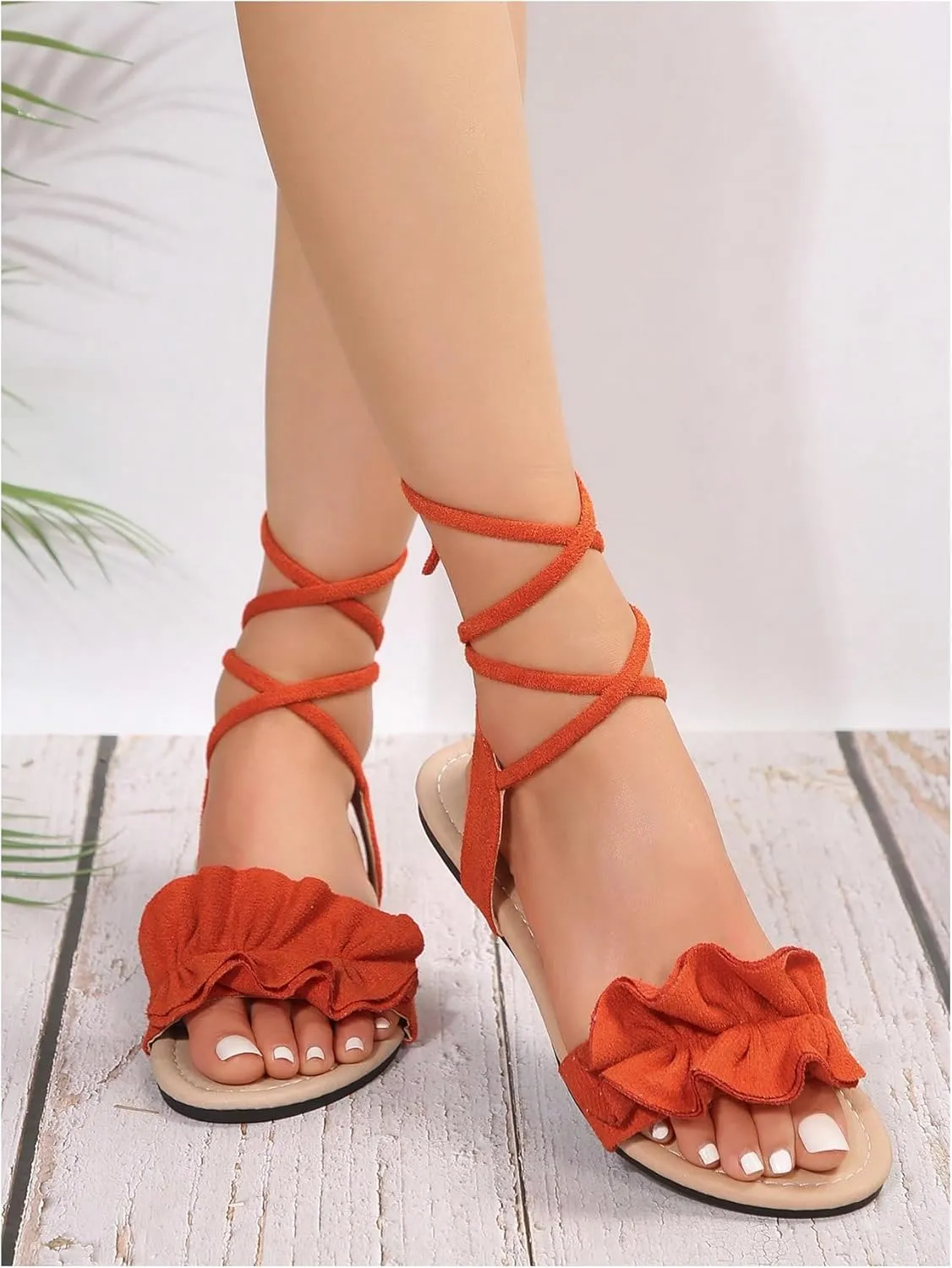 GORGLITTER Women's Lace Up Gladiator Sandals Ruffle Trim Strappy Flat Sandals Casual Tie Up Ankle Strap Sandals