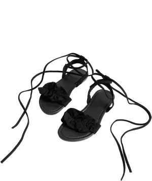 GORGLITTER Women's Lace Up Gladiator Sandals Ruffle Trim Strappy Flat Sandals Casual Tie Up Ankle Strap Sandals