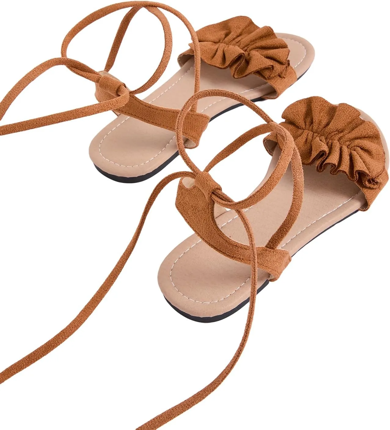 GORGLITTER Women's Lace Up Gladiator Sandals Ruffle Trim Strappy Flat Sandals Casual Tie Up Ankle Strap Sandals