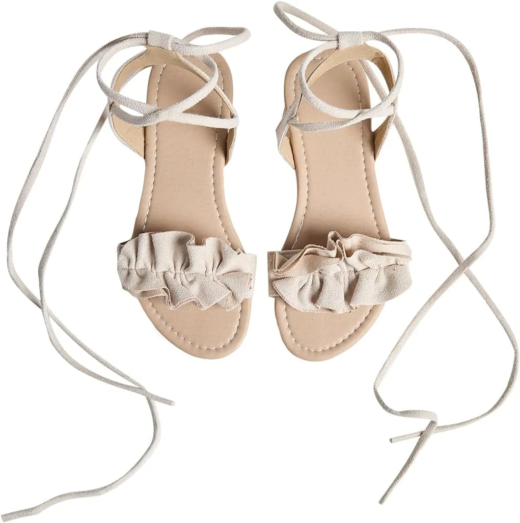 GORGLITTER Women's Lace Up Gladiator Sandals Ruffle Trim Strappy Flat Sandals Casual Tie Up Ankle Strap Sandals