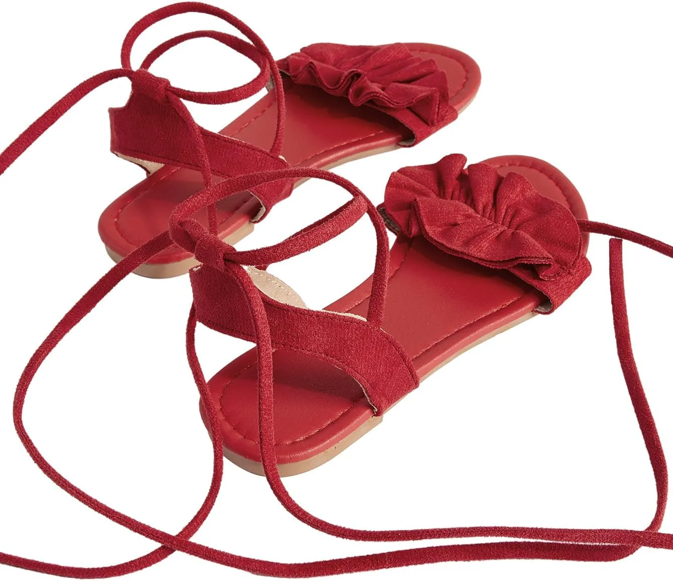 GORGLITTER Women's Lace Up Gladiator Sandals Ruffle Trim Strappy Flat Sandals Casual Tie Up Ankle Strap Sandals