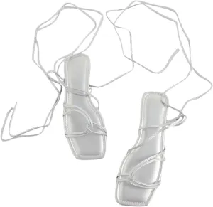 GORGLITTER Women's Lace Up Strappy Flat Gladiator Sandals Trendy 2025 Criss Cross Tie Up Sandals Square Toe