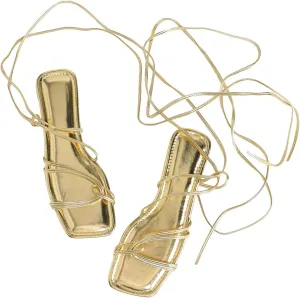 GORGLITTER Women's Lace Up Strappy Flat Gladiator Sandals Trendy 2025 Criss Cross Tie Up Sandals Square Toe