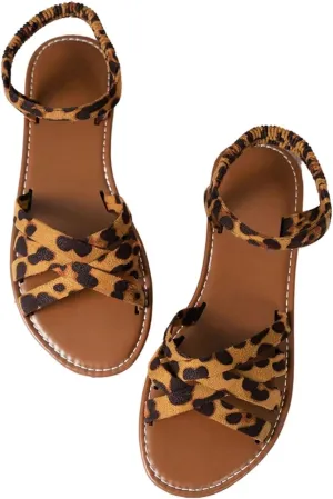 GORGLITTER Women's Leopard Print Flat Sandals Cheetah Criss Cross Strappy Open Toe Ankle Strap Dressy Sandal