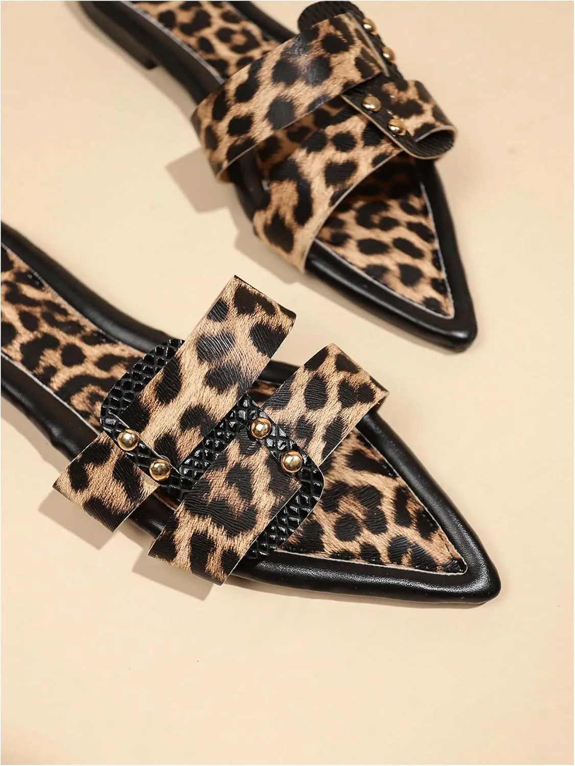 GORGLITTER Women's Leopard Print Y2k Slide Sandals Pointed Toe Studded Double Band Dressy Flats