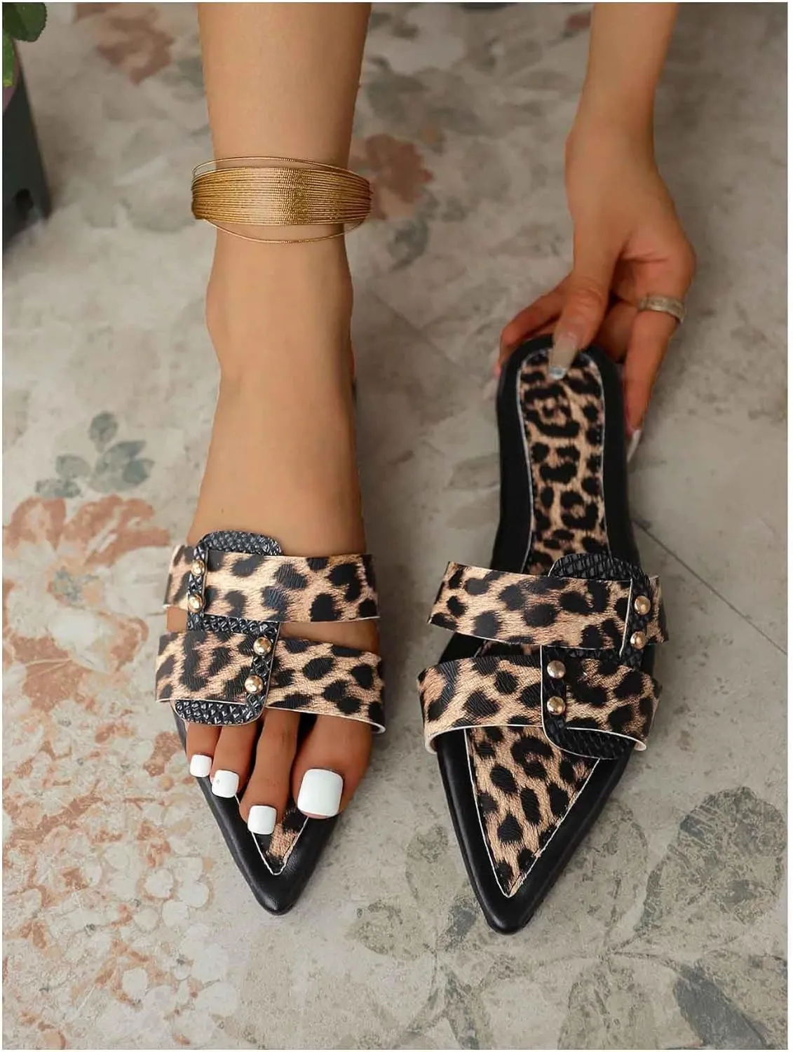 GORGLITTER Women's Leopard Print Y2k Slide Sandals Pointed Toe Studded Double Band Dressy Flats