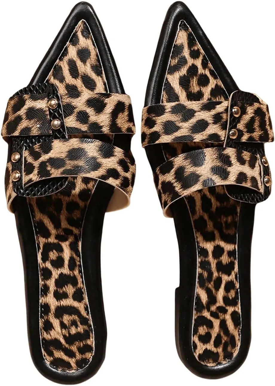 GORGLITTER Women's Leopard Print Y2k Slide Sandals Pointed Toe Studded Double Band Dressy Flats