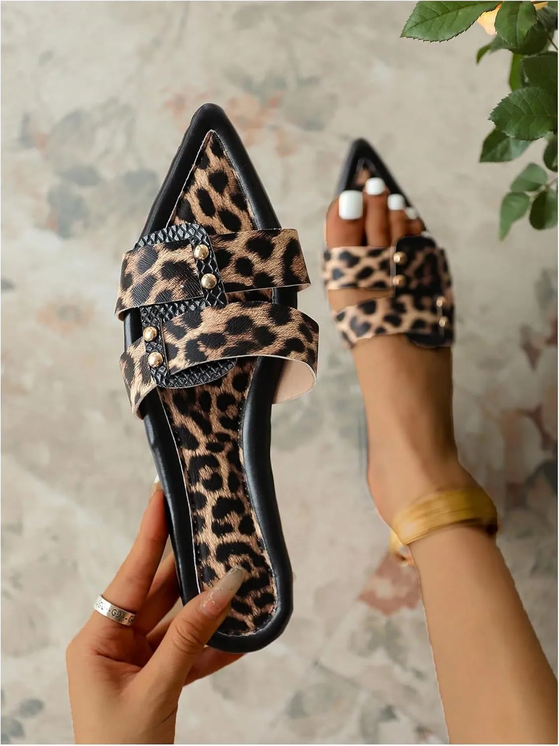 GORGLITTER Women's Leopard Print Y2k Slide Sandals Pointed Toe Studded Double Band Dressy Flats