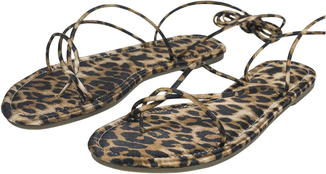 GORGLITTER Women's Leopard Strappy Lace Up Flat Sandals Open Toe Tie Up Vacation Sandals