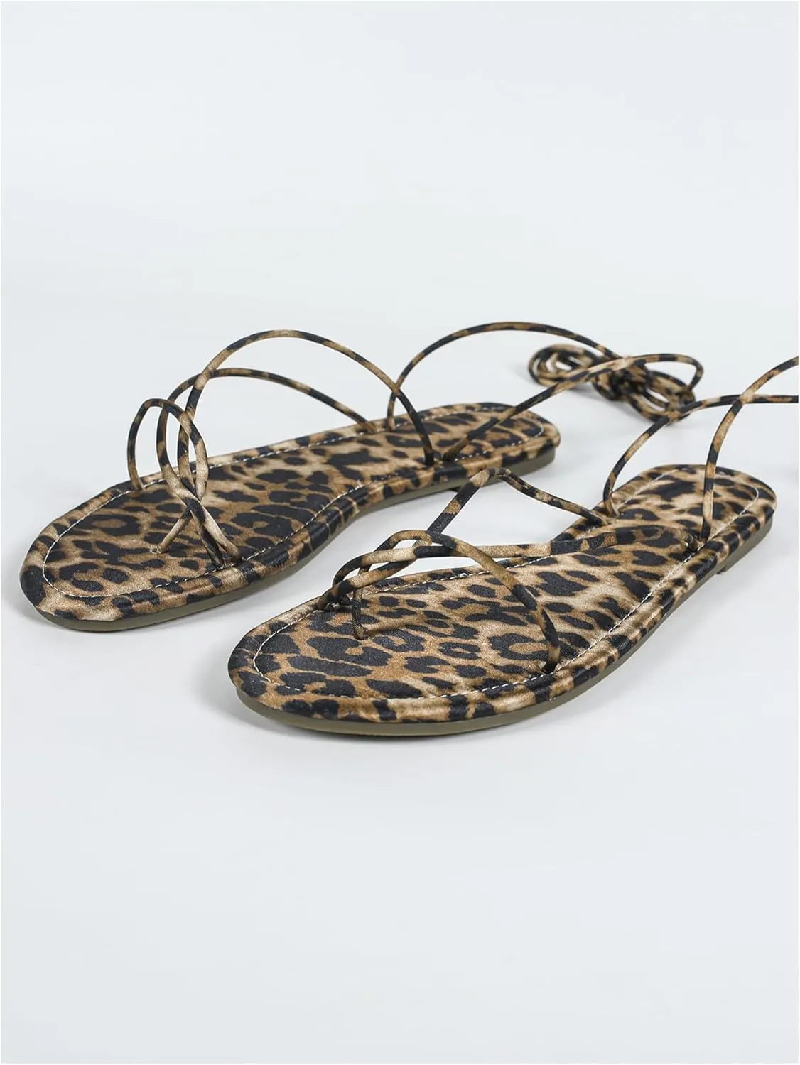 GORGLITTER Women's Leopard Strappy Lace Up Flat Sandals Open Toe Tie Up Vacation Sandals