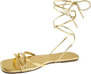 GORGLITTER Women's Metallic Lace Up Gladiator Sandals Criss Cross Tie Up Vacation Sandals
