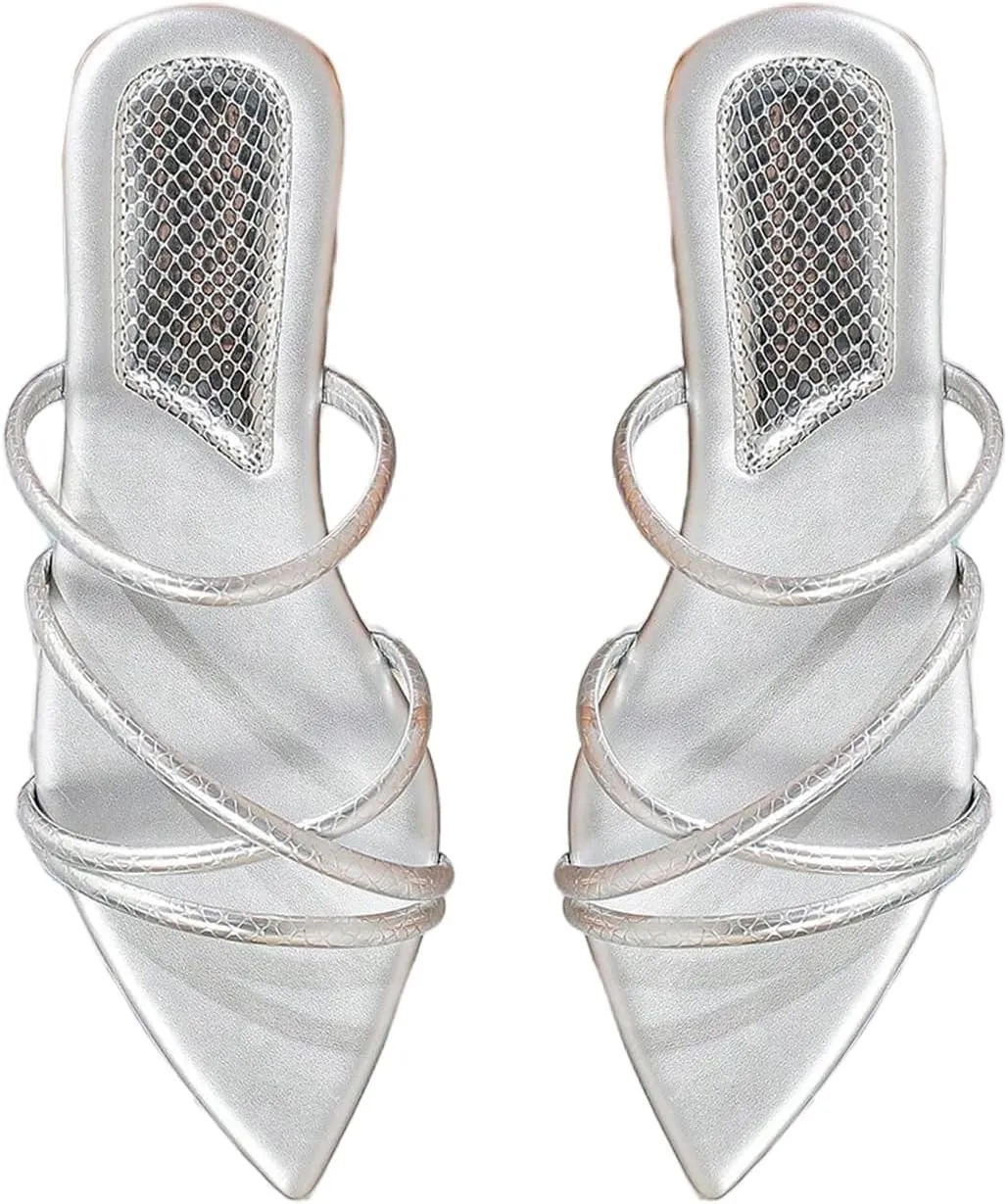 GORGLITTER Women's Metallic Sandals Open Toe Flat Strappy Dressy Fancy Slide Sandals