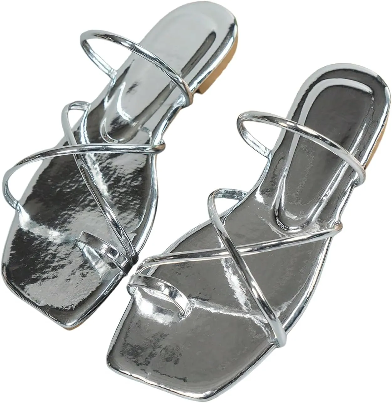 GORGLITTER Women's Metallic Strappy Sparkly Sandals Dressy Cute Slip on Slide Vacation Summer Weeding Flats Sandals
