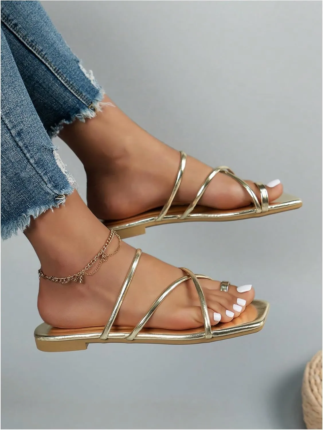 GORGLITTER Women's Metallic Strappy Sparkly Sandals Dressy Cute Slip on Slide Vacation Summer Weeding Flats Sandals