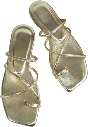GORGLITTER Women's Metallic Strappy Sparkly Sandals Dressy Cute Slip on Slide Vacation Summer Weeding Flats Sandals