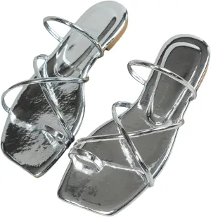 GORGLITTER Women's Metallic Strappy Sparkly Sandals Dressy Cute Slip on Slide Vacation Summer Weeding Flats Sandals