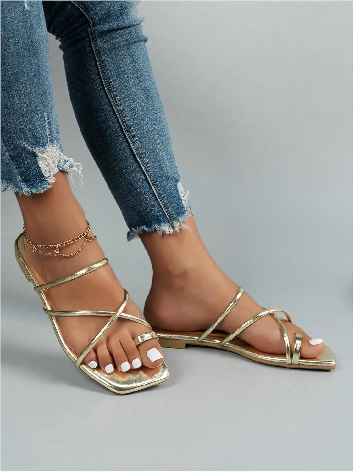 GORGLITTER Women's Metallic Strappy Sparkly Sandals Dressy Cute Slip on Slide Vacation Summer Weeding Flats Sandals