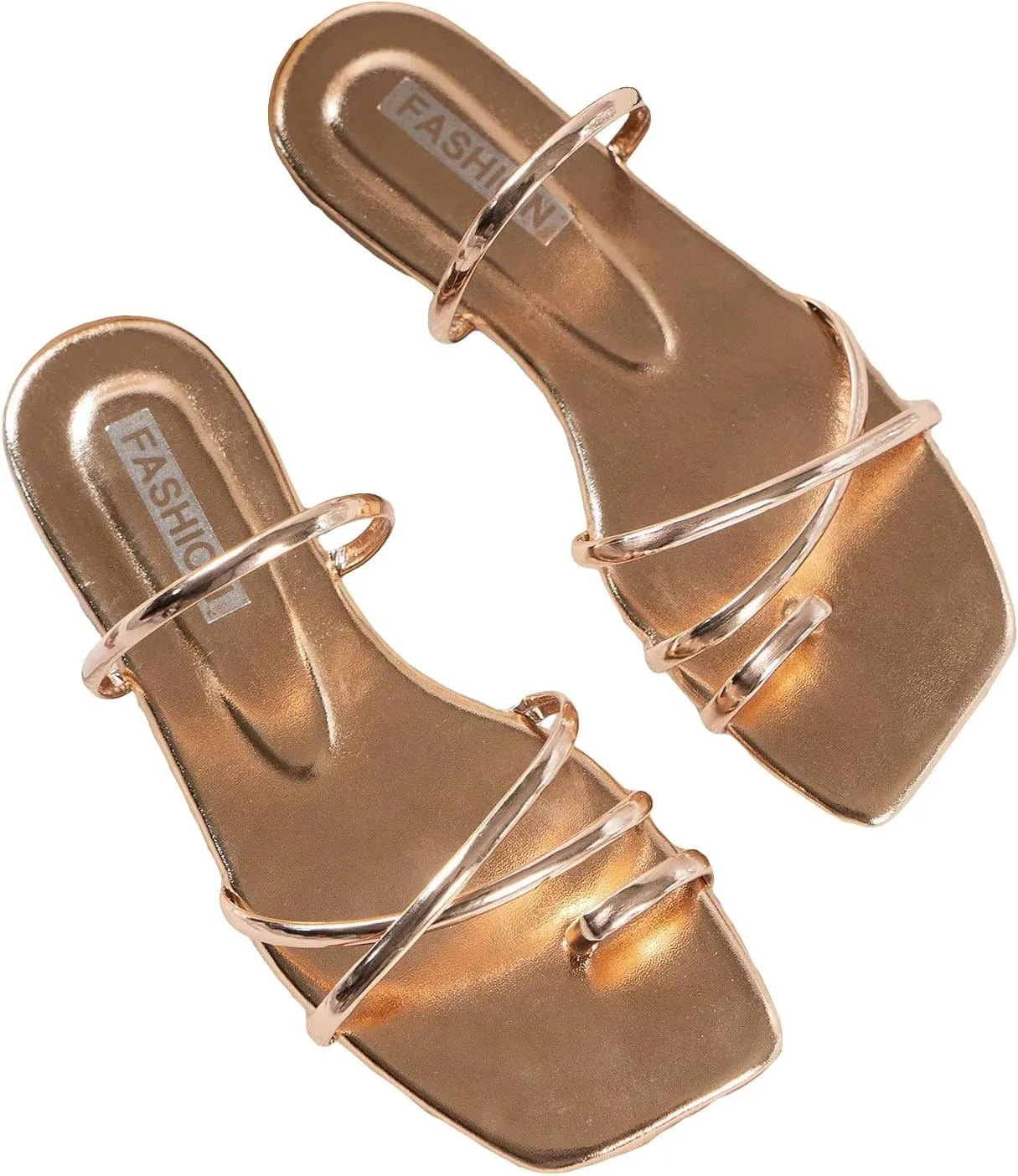 GORGLITTER Women's Metallic Strappy Sparkly Sandals Dressy Cute Slip on Slide Vacation Summer Weeding Flats Sandals