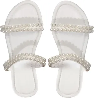 GORGLITTER Women's Pearl Beaded Flat Sandals Open Toe Beach Vacation Slide Sandals