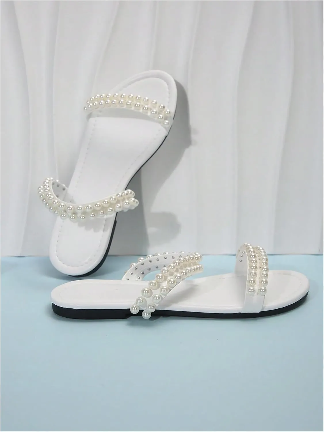 GORGLITTER Women's Pearl Beaded Flat Sandals Open Toe Beach Vacation Slide Sandals
