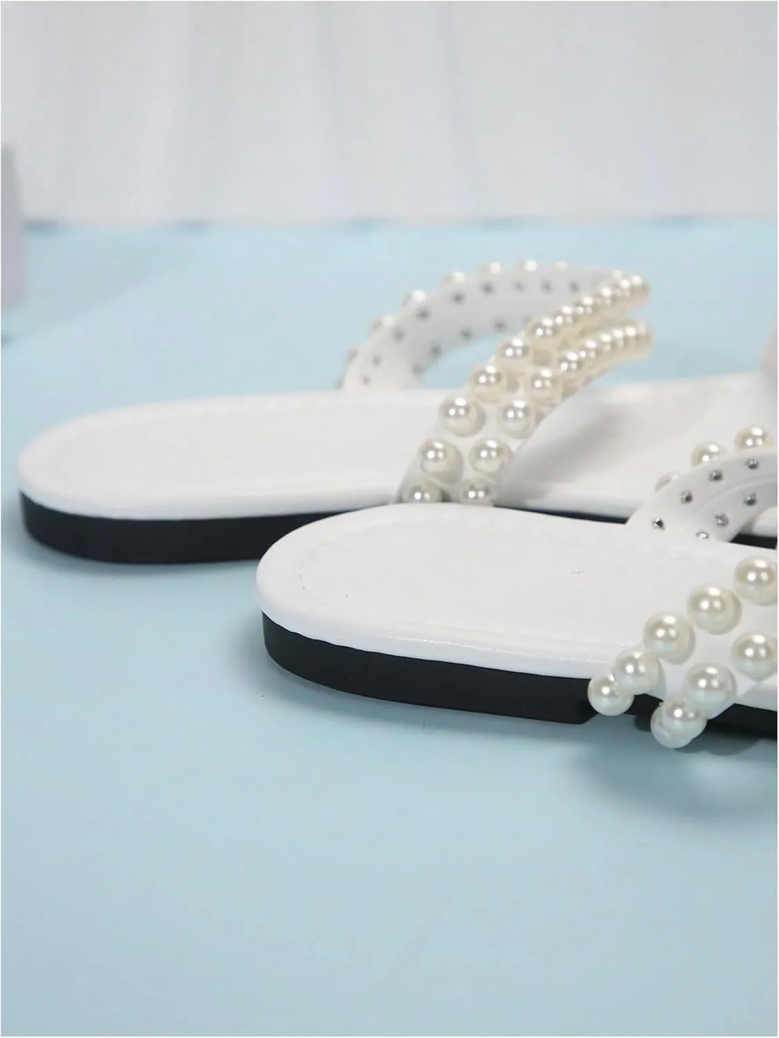 GORGLITTER Women's Pearl Beaded Flat Sandals Open Toe Beach Vacation Slide Sandals