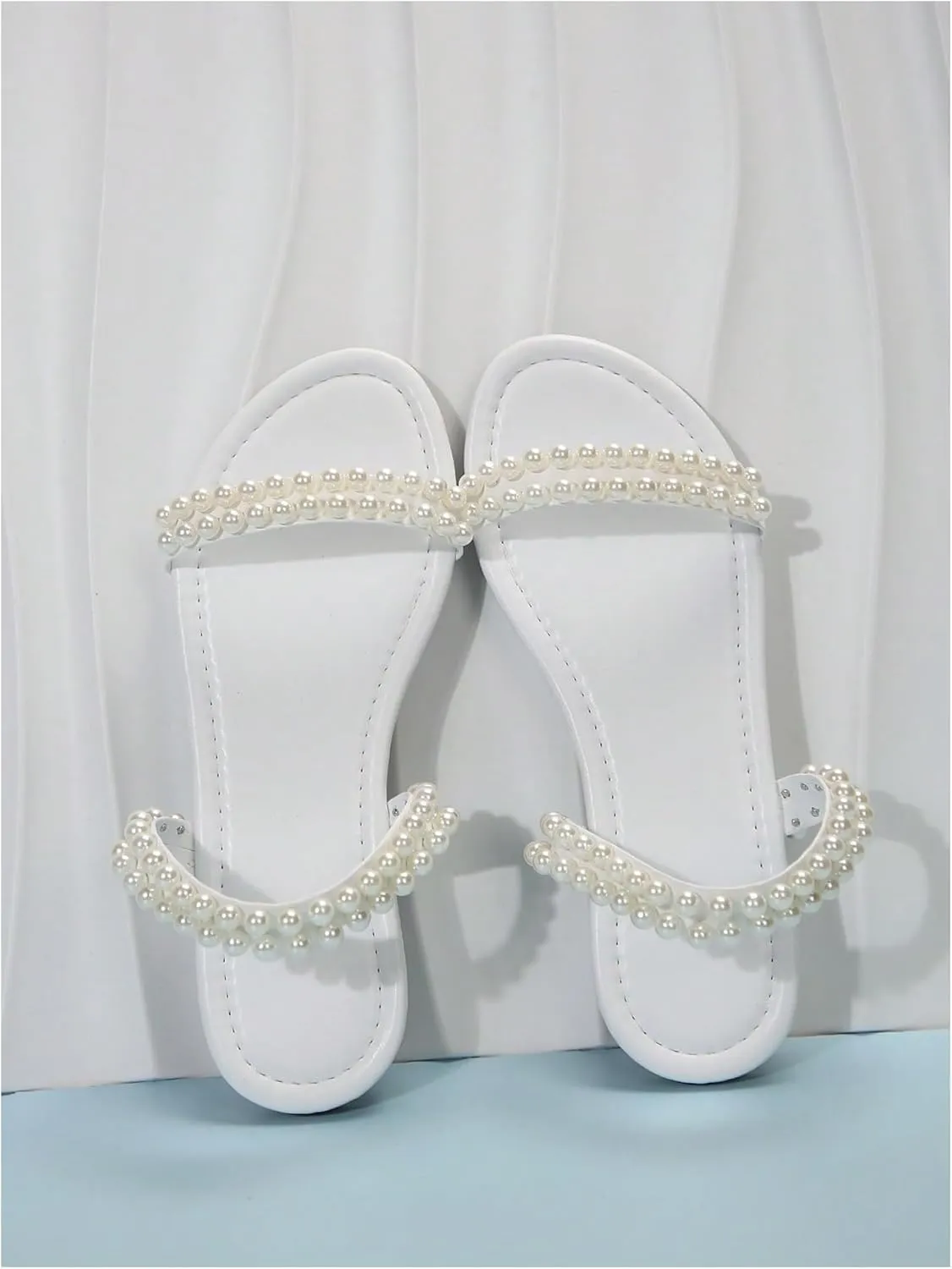 GORGLITTER Women's Pearl Beaded Flat Sandals Open Toe Beach Vacation Slide Sandals