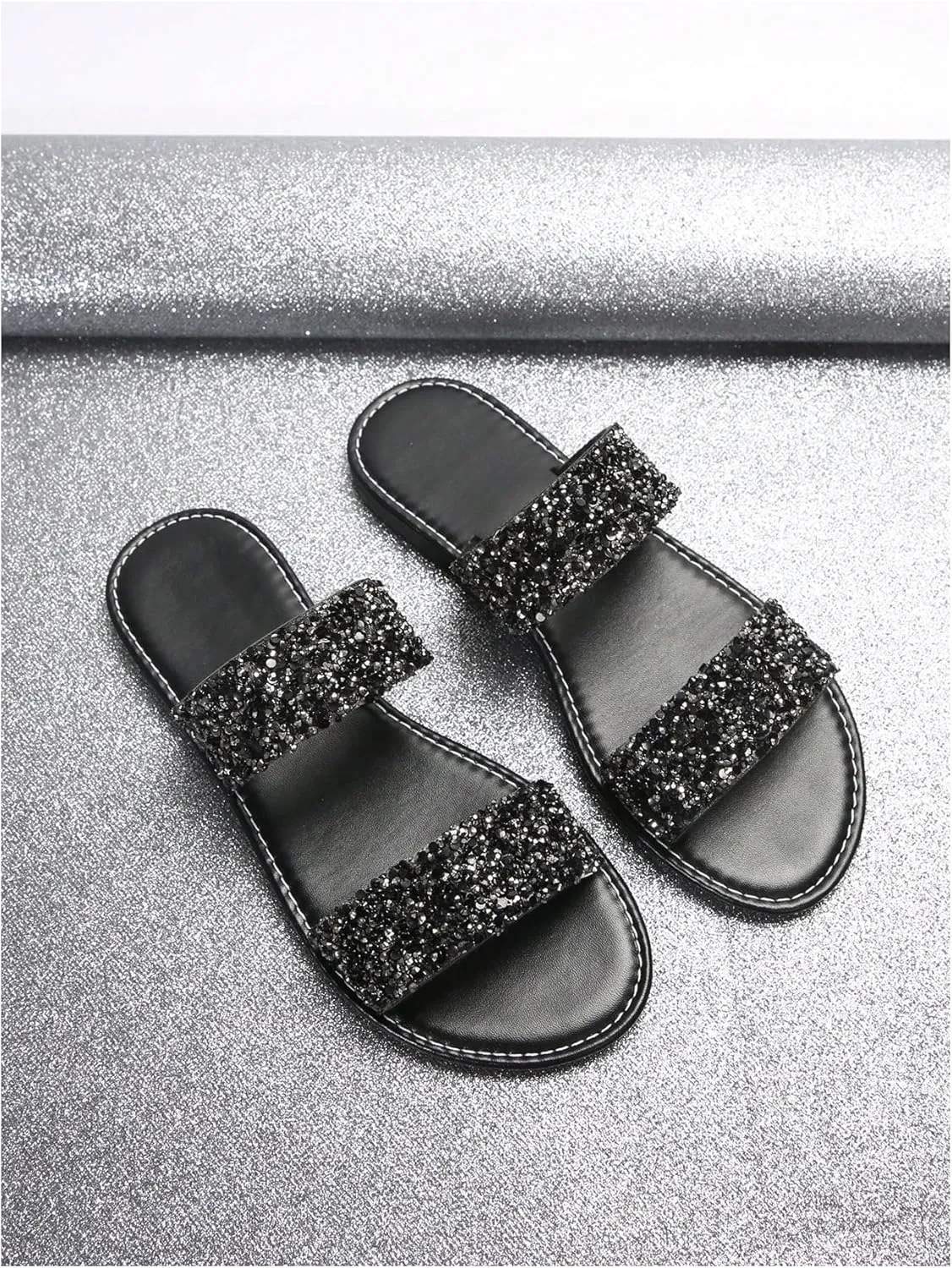 GORGLITTER Women's Rhinestone Strappy Flat Sandals Dressy Sparkly Slip on Slide Summer Vacation Sandals