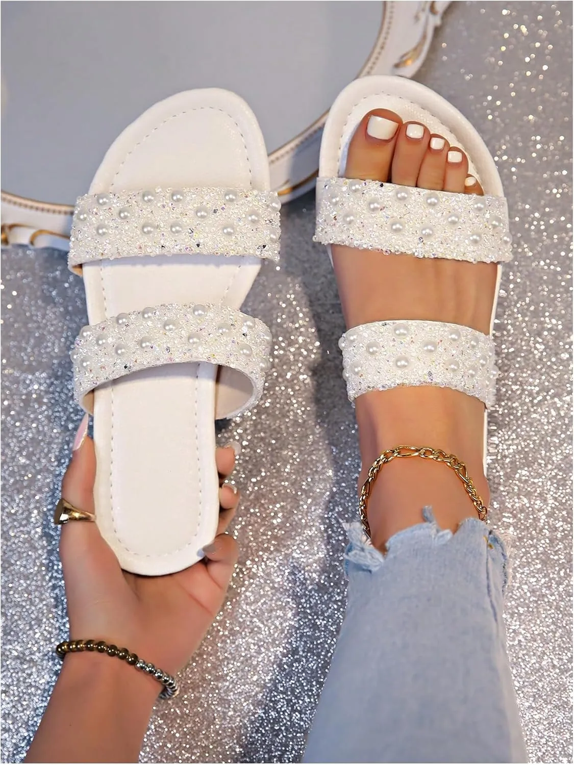 GORGLITTER Women's Rhinestone Strappy Flat Sandals Dressy Sparkly Slip on Slide Summer Vacation Sandals