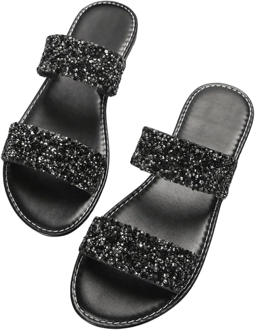 GORGLITTER Women's Rhinestone Strappy Flat Sandals Dressy Sparkly Slip on Slide Summer Vacation Sandals