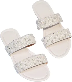 GORGLITTER Women's Rhinestone Strappy Flat Sandals Dressy Sparkly Slip on Slide Summer Vacation Sandals