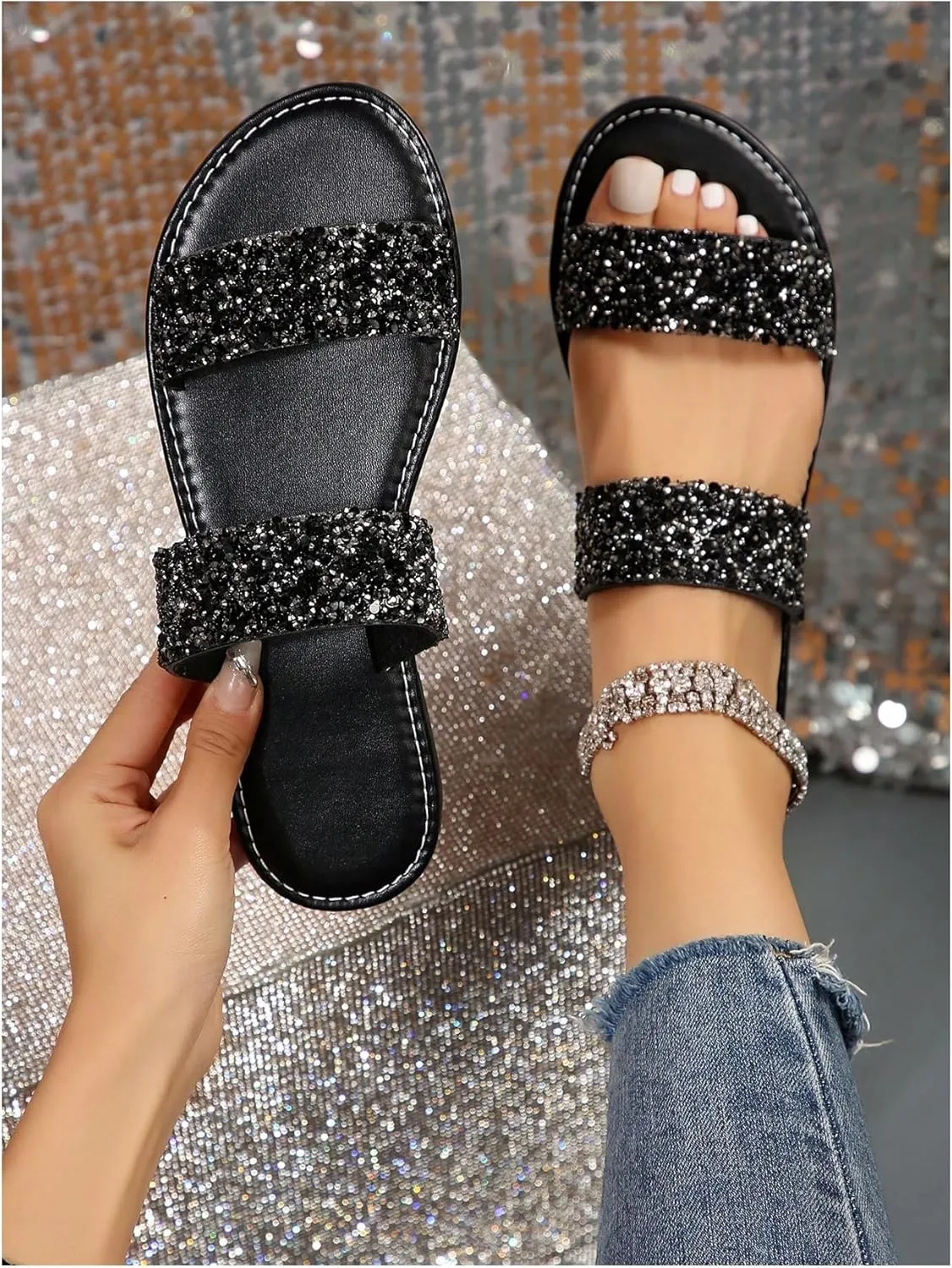 GORGLITTER Women's Rhinestone Strappy Flat Sandals Dressy Sparkly Slip on Slide Summer Vacation Sandals
