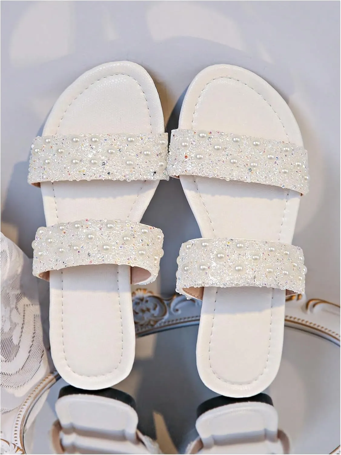 GORGLITTER Women's Rhinestone Strappy Flat Sandals Dressy Sparkly Slip on Slide Summer Vacation Sandals