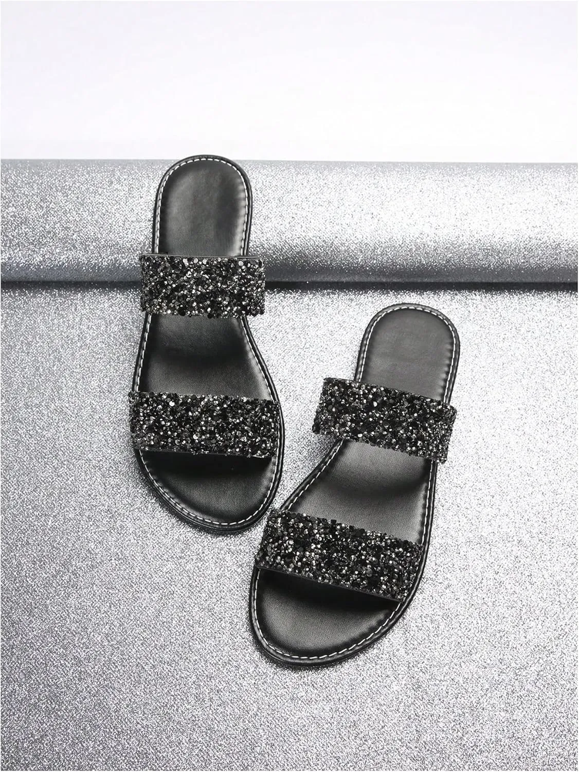 GORGLITTER Women's Rhinestone Strappy Flat Sandals Dressy Sparkly Slip on Slide Summer Vacation Sandals